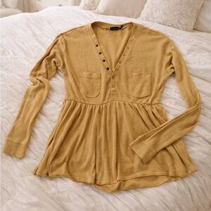 Out From Under Urban Outfitters Mustard Waffle Knit Babydoll Peplum Henley Top